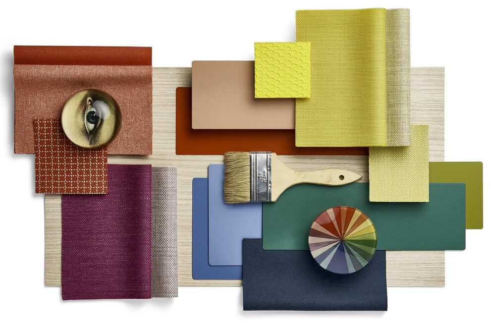 Inspirational mood board containing a mix of standard Haworth surface materials.