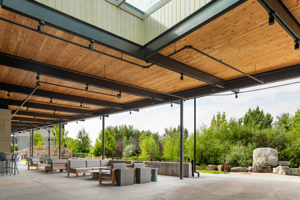 Covered outdoor gathering space at the Idaho Outdoor Fieldhouse