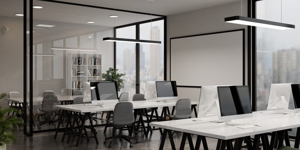 Modern,White,Open,Space,Office,Interior,With,City,Scape,3d Modern Office Furniture: The Shift Away From The Traditional Office