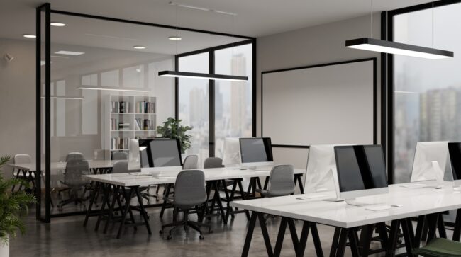 Modern,White,Open,Space,Office,Interior,With,City,Scape,3d Modern Office Furniture: The Shift Away From The Traditional Office