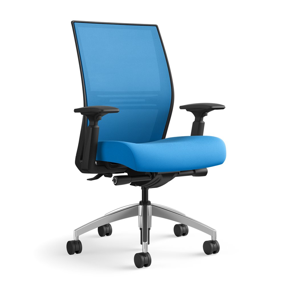 Haworth Amplify task chair with a blue mesh back and adjustable arms