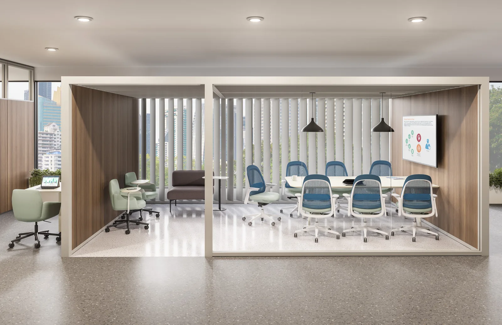 Two enclosed meeting pods furnished with Haworth Breck task chairs around a conference table