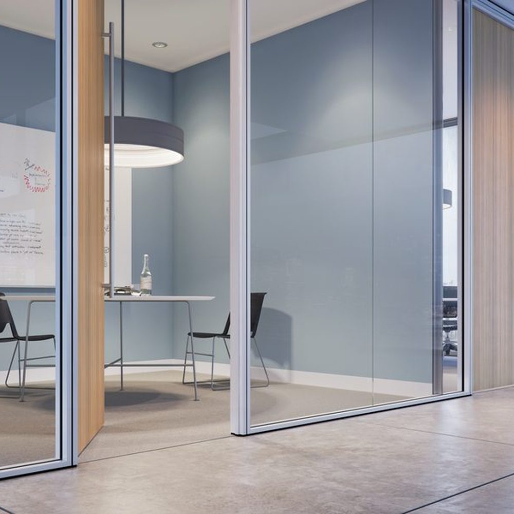Haworth Enclose moveable glass wall system fronting a private office