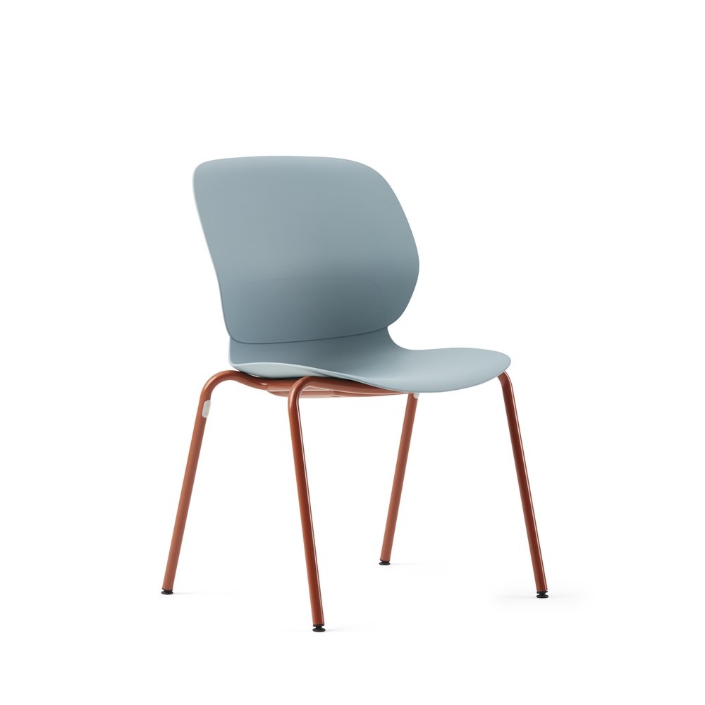 Haworth Maari stacking side chair with a light blue shell and rust steel legs
