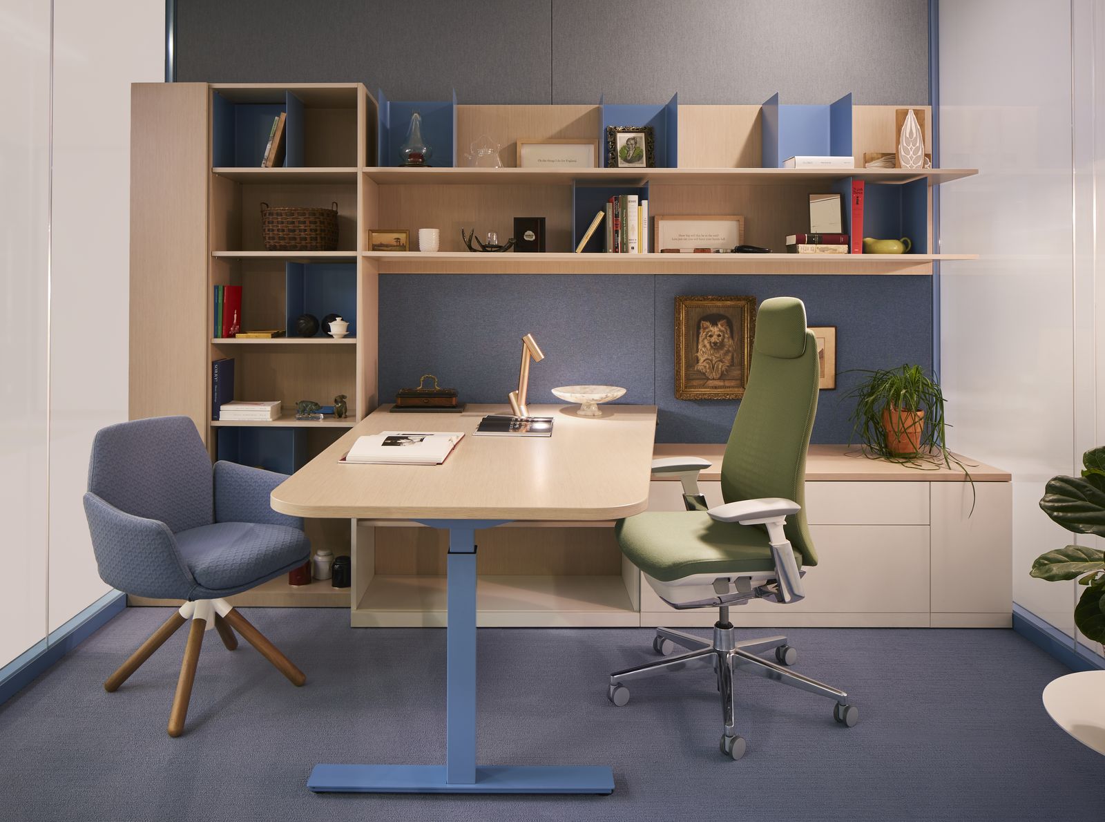 Private office with height-adjustable desk, task chair, and shelving