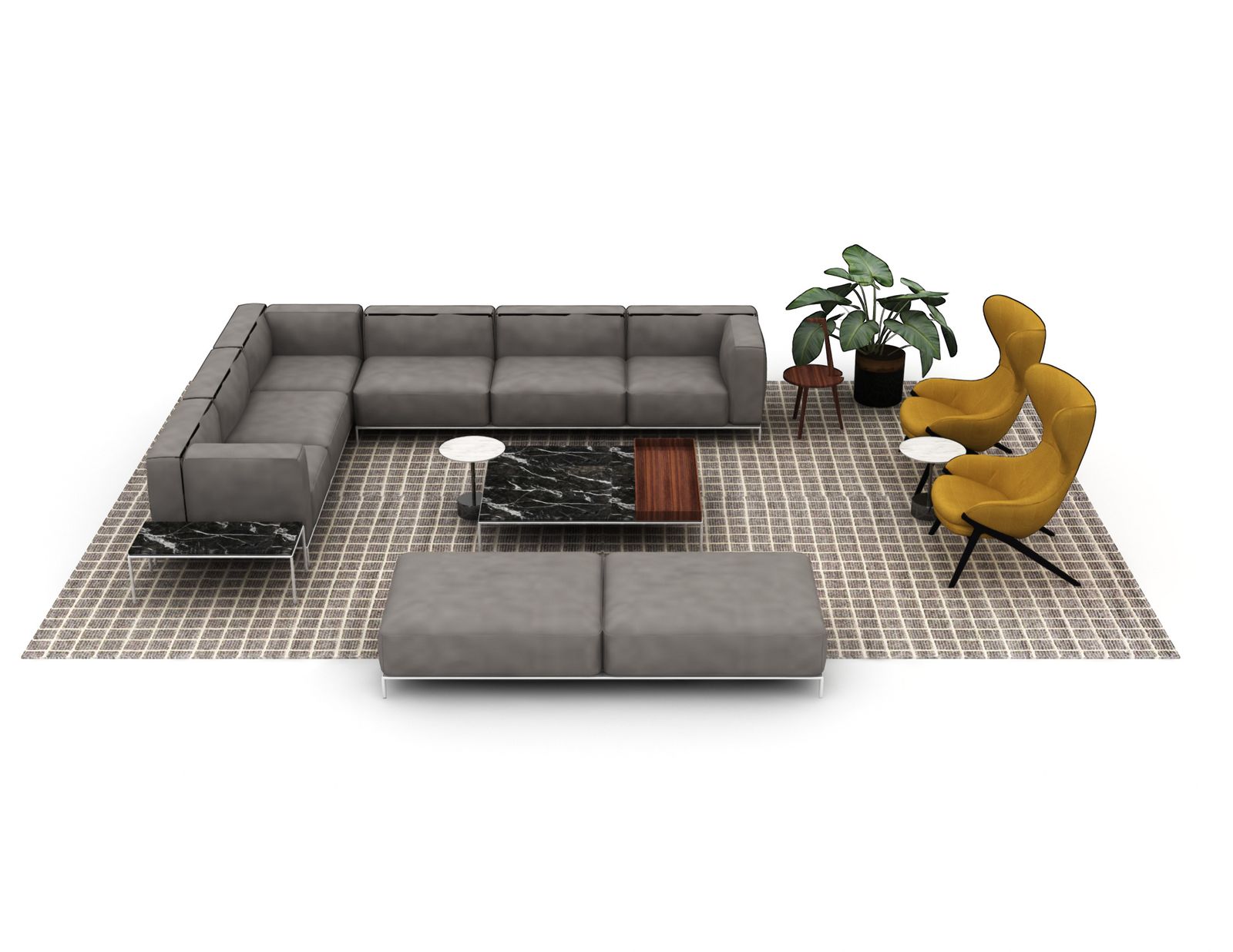 Modular lounge sectional with ottomans and side tables in a neutral palette