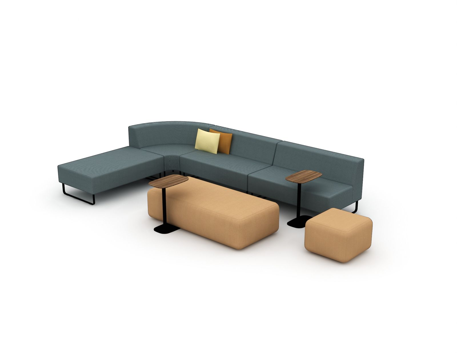 Curved modular seating configuration with mixed upholstery blocks