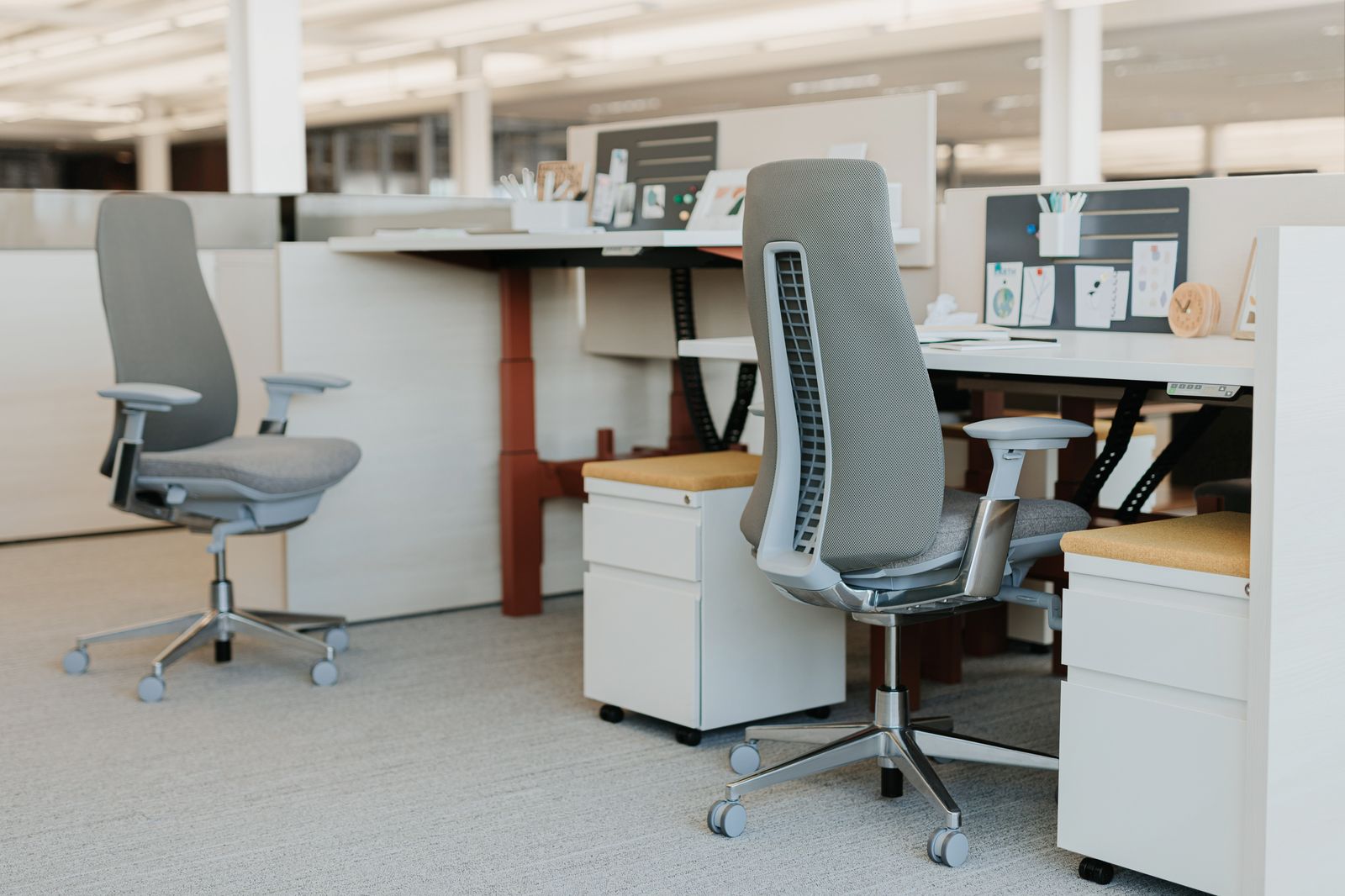 Task chair and mobile storage pedestal at a workstation